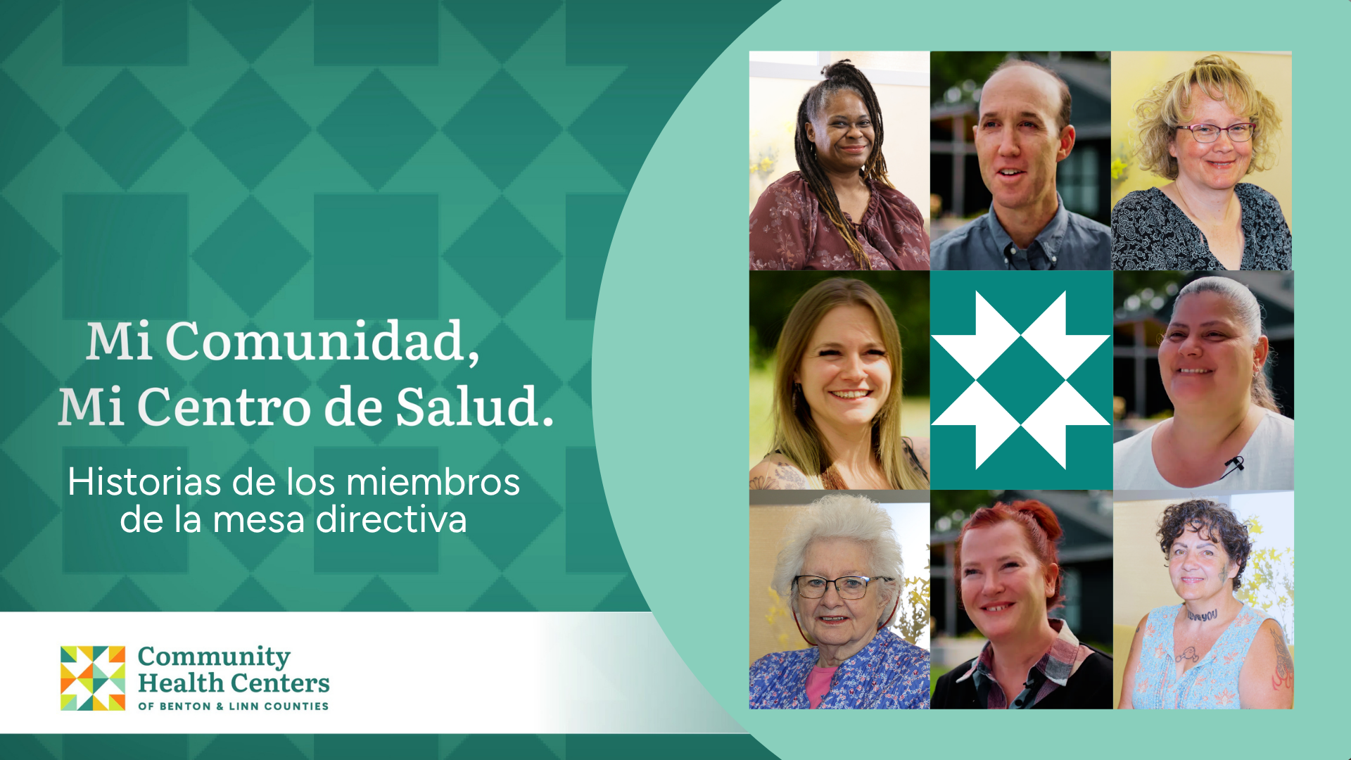 Imagen con diversos miembros de la mesa directiva de los Centros de Salud Comunitarios, con texto que destaca historias personales y el enfoque comunitario.