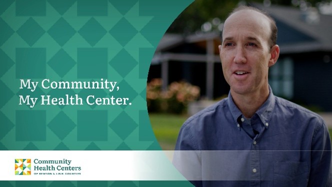 Man wearing a blue button up shirt promotes the My Community, My Health Center campaign for the Community Health Centers of Benton & Linn Counties (CHC).