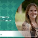 Woman with long blonde hair wearing a sleeveless brown top and covered in tattoos promotes the My Community, My Health Center campaign for the Community Health Centers of Benton & Linn Counties (CHC).