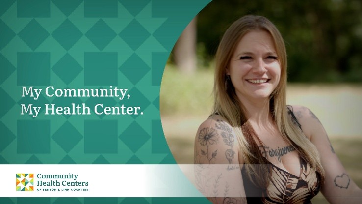 Woman with long blonde hair wearing a sleeveless brown top and covered in tattoos promotes the My Community, My Health Center campaign for the Community Health Centers of Benton & Linn Counties (CHC).